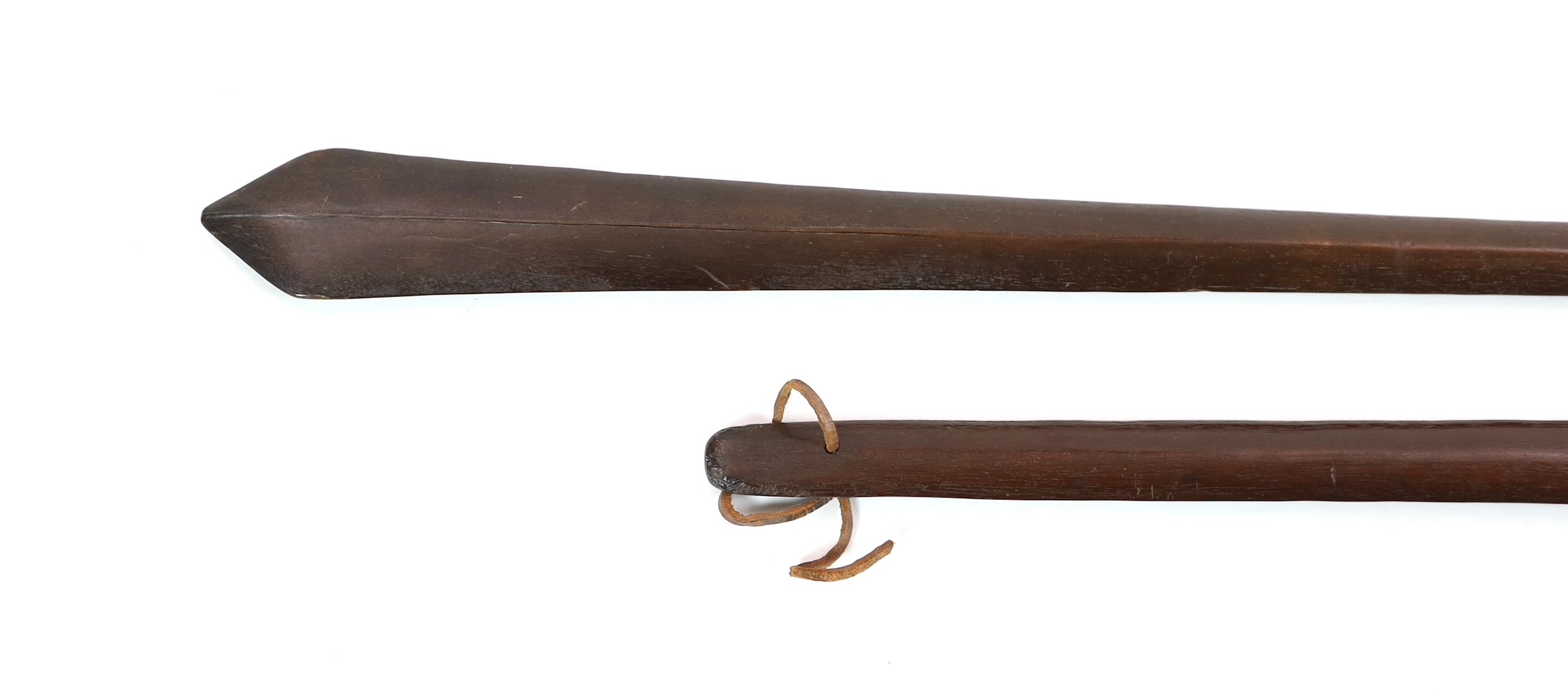 Two Teivakatoga Fijian hardwood war clubs, 120cm and 106cm long